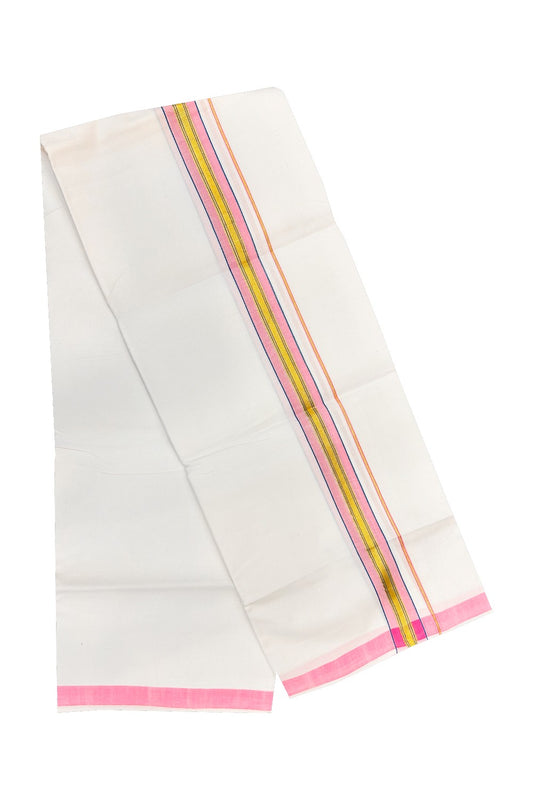 20% OFFER! KaithariKada 100% Cotton Balaramapuram HANDLOOM Single  PURE WHITE Mundu/Dhoti - 2 inch Pink Kasavu Kara & Blue Stripes  - 19KAI.