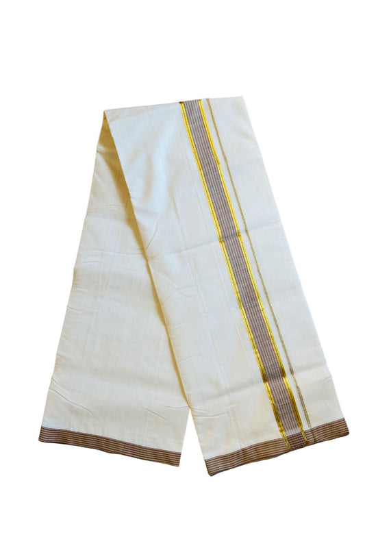 21% DISCOUNT! KaithariKada HANDLOOM UNAKKUPAAV Balaramapuram - 100% PURE Cotton Off White -  Double Mundu/Dhoti - Gold Kasavu & Brown Kara- 19KK403RAM