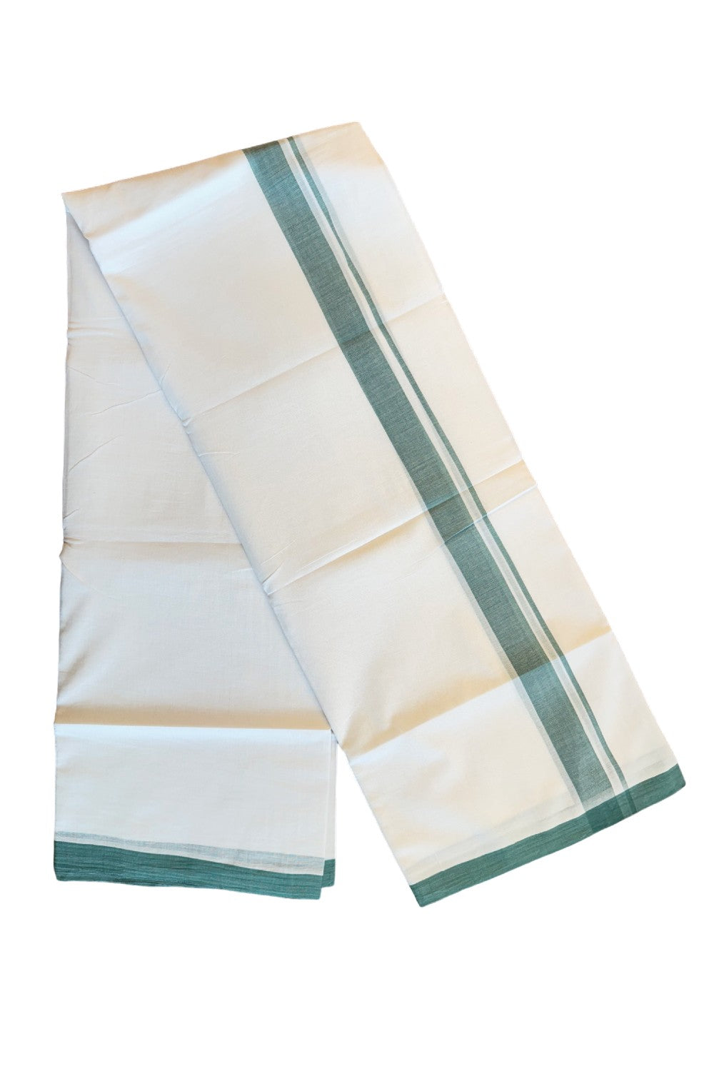 24% Discount! KaithariKada Balaramapuram Handloom 100% Millpaav Cotton Double Mundu/Dhoti Pure white - 100x100 Bottle green Mulloth Border - 19KK404RAM