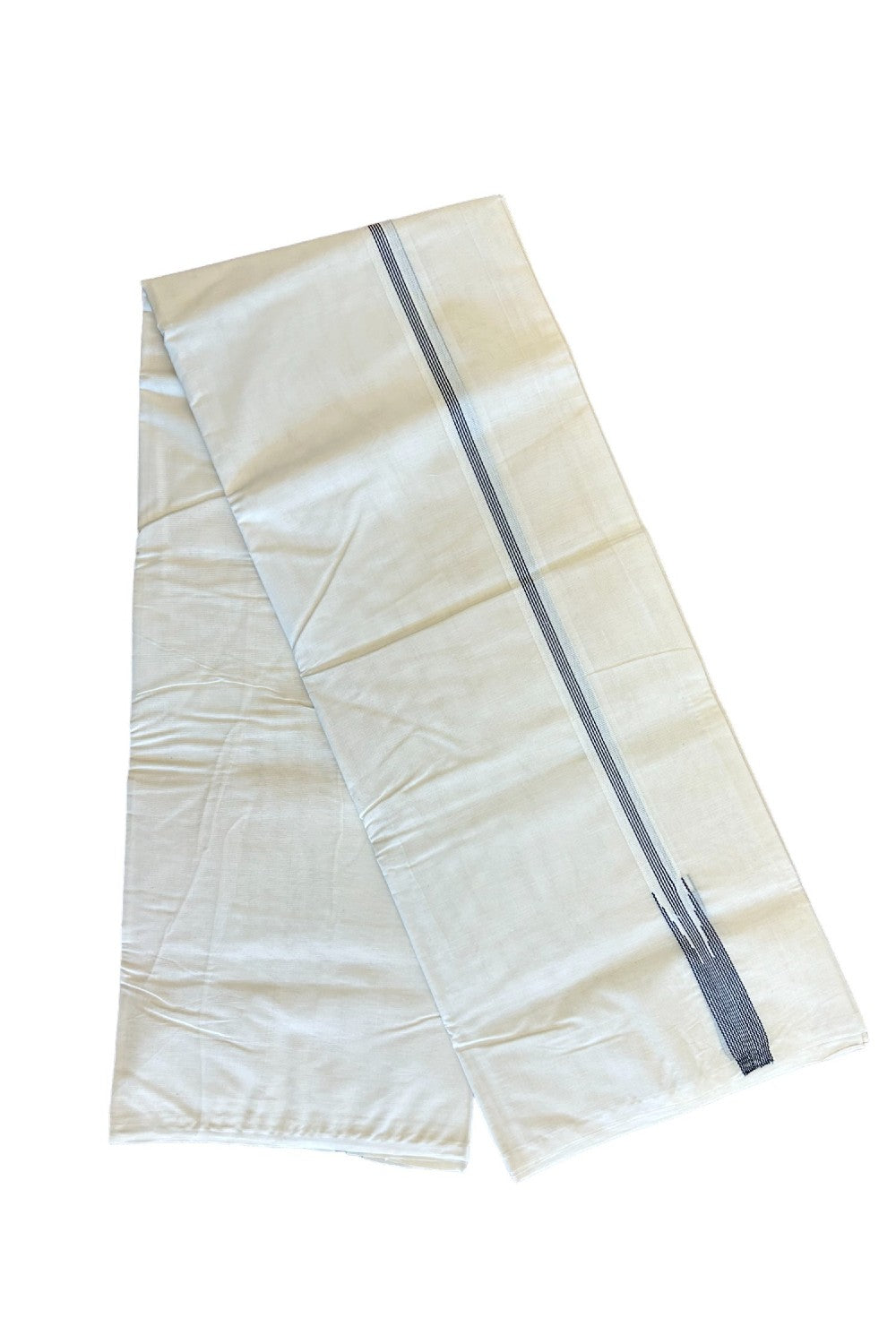 26% Discount! KaithariKada Balaramapuram 100% Cotton Double Off white Mundu/Dhoti-100X100- 5 LINE BLACK STRIPES 2.25 cm Kara.- 19KK417ASH