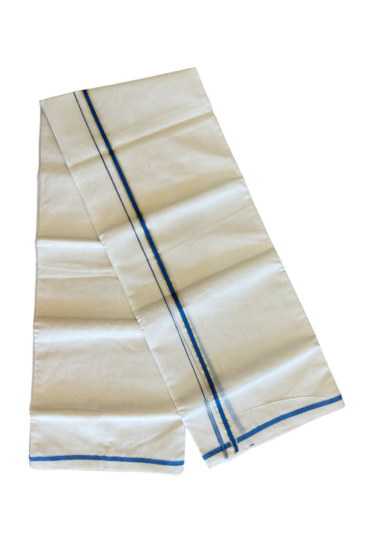 13% DISCOUNT!! KaithariKada HANDLOOM Millpaav Balaramapuram - 100% PURE Cotton OFF White - (Unbleached) Double Mundu/Dothi - 1.25cm Puliyilakkara side striped Gold kasavu  Blue chutty - 19KK498KK