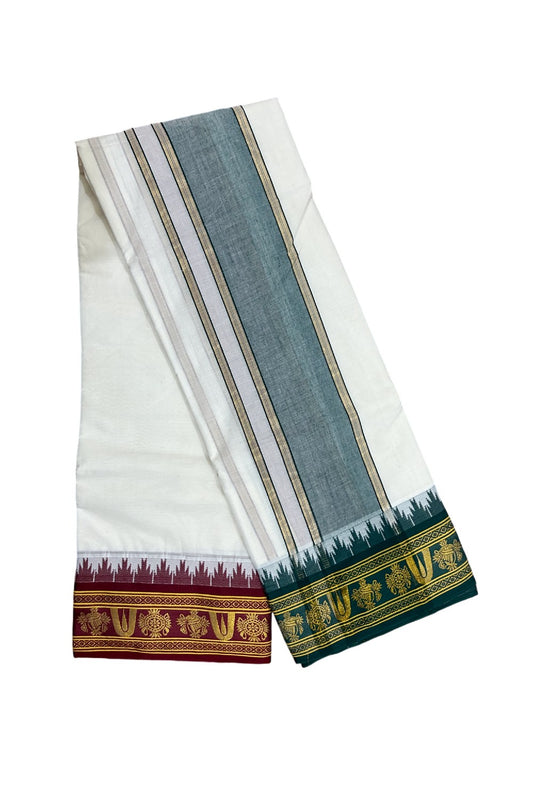 36% DISCOUNT! KaithariKada Cotton Mix-  Off White - (Unbleached) -80x80 thread - 80% Cotton & 20% Polyester NORTH INDIAN - ATTACHED GAMCHA 9X5 Dhoti 5inch Green kara with Maroon & Green Kasavu border  - 19KK5005PMC