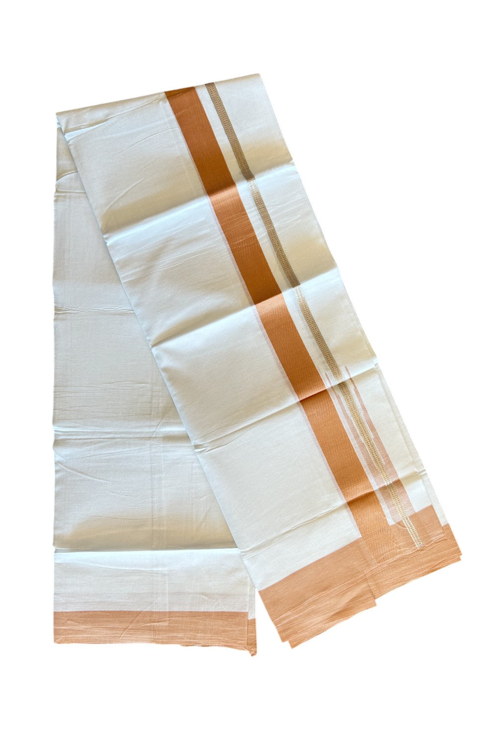 Kaitharikada  Balaramapuram 100% Pure Cotton PURE WHITE Double Mundu/Dothi - 80x92 - 1.5 Inch Light Orange & Silver Chutty kara - 19KK5022VAN