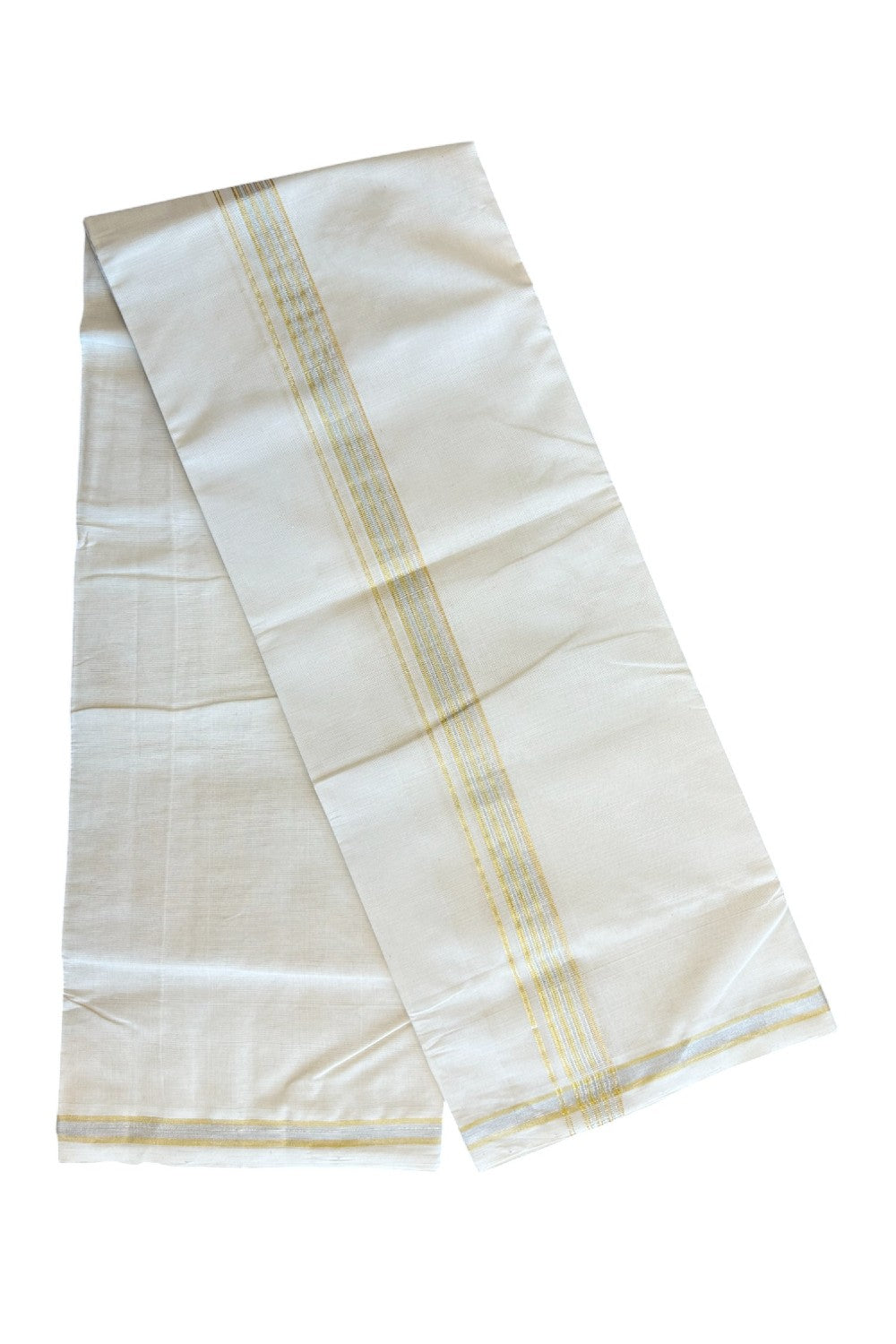 8% DISCOUNT ! KaithariKada HANDLOOM Millpaav Balaramapuram - 100% PURE Cotton Off White - (Unbleached) Double Mundu/Dhoti - 1.5 inch Silver & Gold KASAVU Stripes Kara - 19KK5029RAM