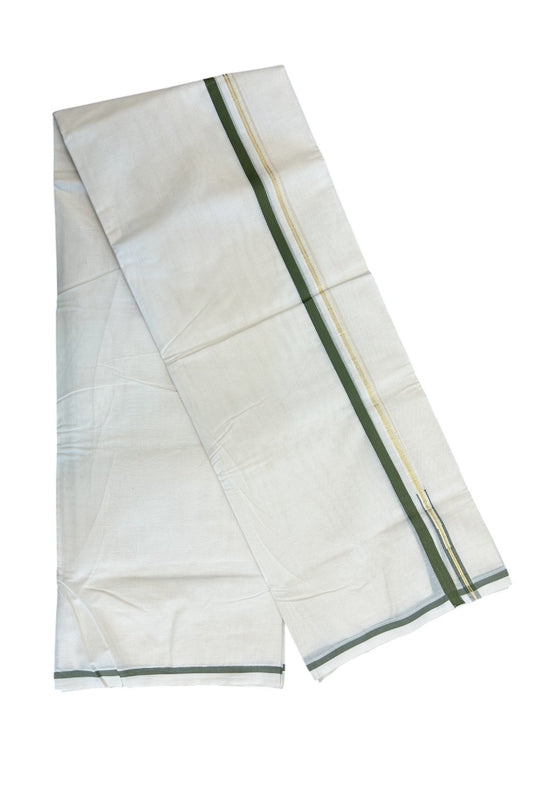 16% Discount Latest!! KaithariKada Balaramapuram 100% Cotton Double Off white - (Unbleached) Mundu/Dhoti-100x100 - 1.cm Puliyilakkara Chutty Dark Sage green & Kasavu Kara - KK8DOT073