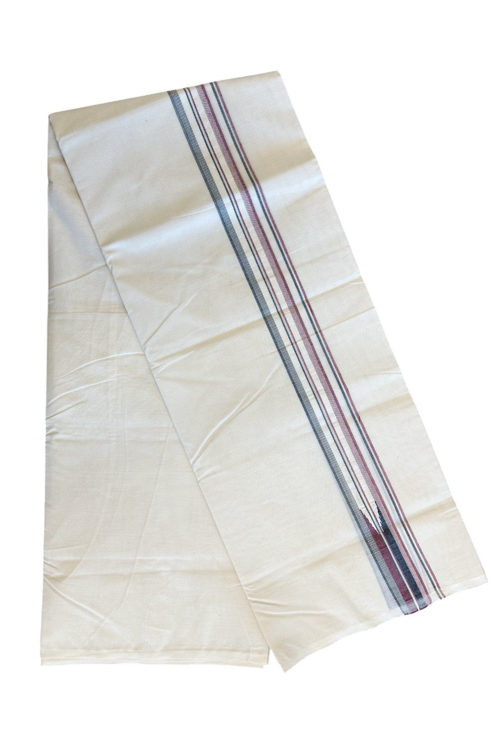 18% Discount !! KaithariKada Balaramapuram Double Off white - (Unbleached) Mundu/Dhoti - 100X100 - 1.5 inch Puliyilakkara Maroon & Black Striped Chutty Kara - 19KK5045ASH