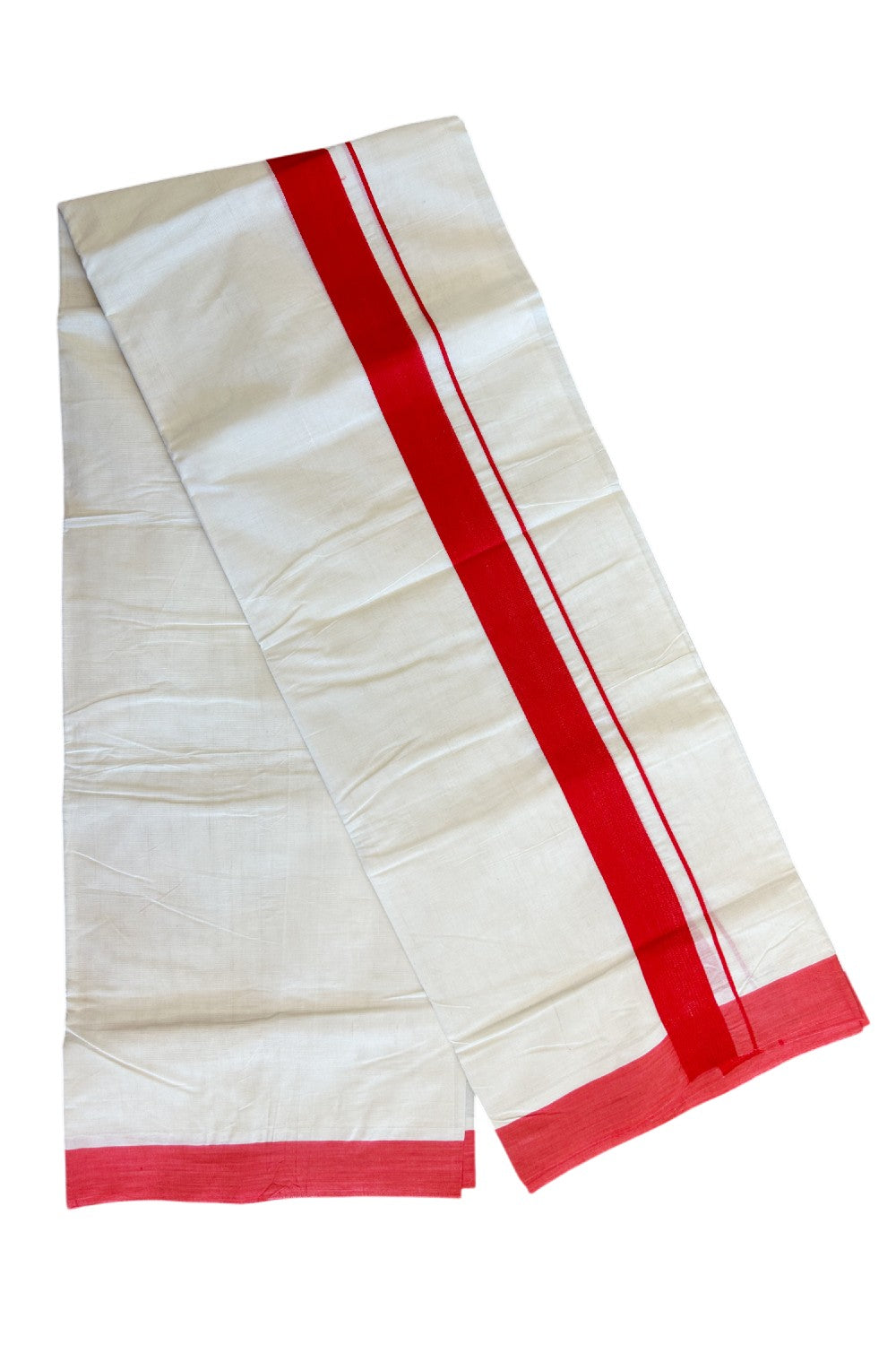 15% Discount KaithariKada Balaramapuram 100% Cotton Double Off white - (Unbleached) - Mundu/Dhoti-100x100 - 2 inch Bright Red Kara - 6