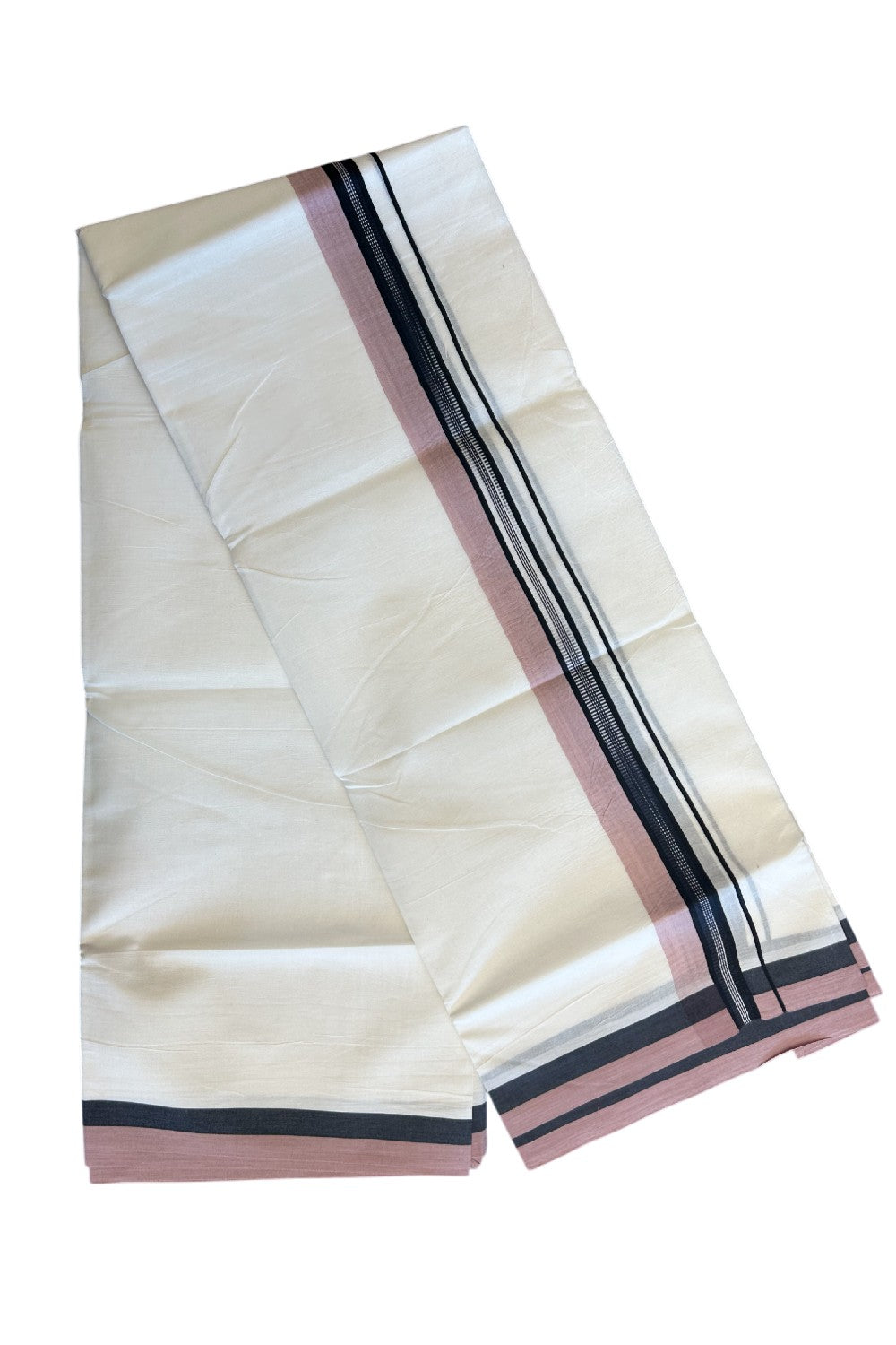 19% Discount!!! KaithariKada Balaramapuram  Double Off white - (Unbleached) Mundu/Dhoti - 80X90 - 2.25 inch Black & Dusty Rose Pattern Kara 3.85 meters - 19KK5058GUN