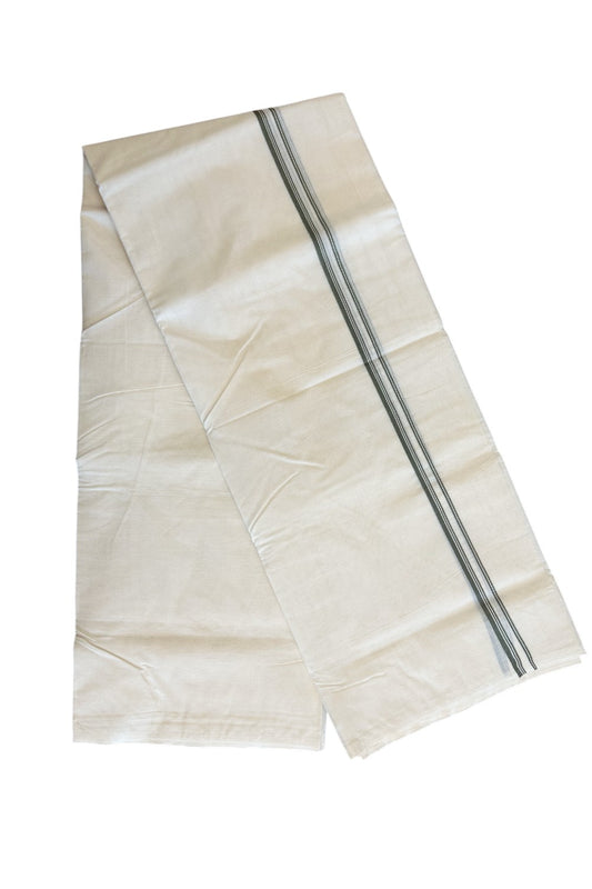 33% DISCOUNT ! KaithariKada Balaramapuram 100% Cotton Double Off white - (Unbleached) Mundu/Dhoti-100X100-  SAGE GREEN & STRIPES 2 cm Kara.- 12.