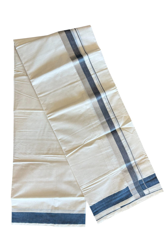 10% DISCOUNT ! KaithariKada Balaramapuram 100%  Cotton Double Off white - (Unbleached) Mundu/Dhoti-100X100- 2.25 inch Dusty Blue & SILVER Kara- 19KK5063KK