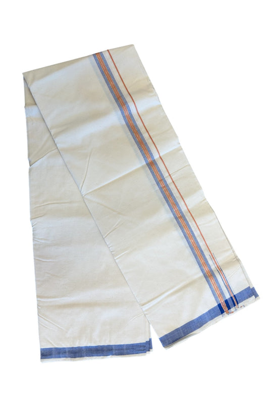 32% Discount ! KaithariKada 100% Cotton Balaramapuram HANDLOOM Single Mundu/Dhoti - Off White (Unbleached) 1.Inch Blue & Red Stripes Kasavu Puliyilakkara Chutty.