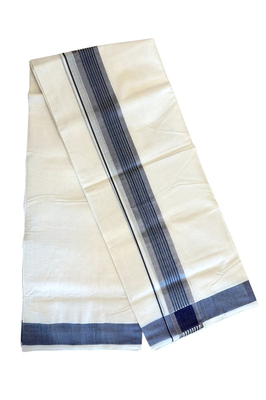 21% DISCOUNT!! KaithariKada HANDLOOM millpaav Balaramapuram - 100% PURE Cotton OFF White (Unbleached) Double Mundu/Dothi - 2.75 inch Blue & Striped kara - 30KK203RAM