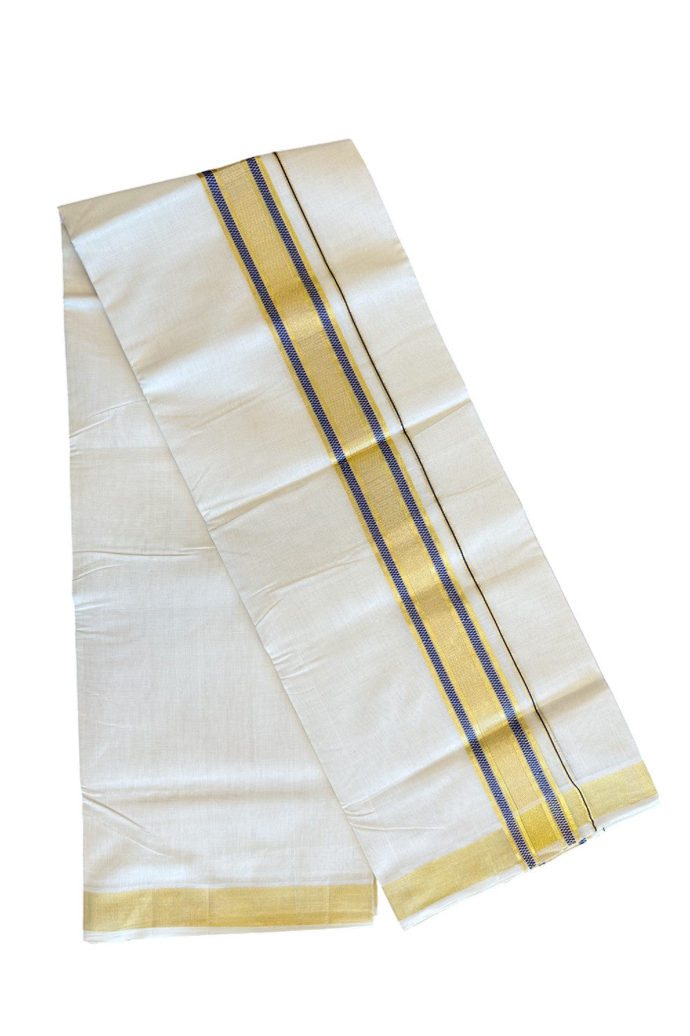 30% Discount!!! KaithariKada HANDLOOM UNAKKUPAAV Balaramapuram - 100% PURE Cotton off white (Unbleached) Double Mundu/Dhoti -100x 100 - 2.75 inch Kasavu & Blue design kara - 18KK5096YAR