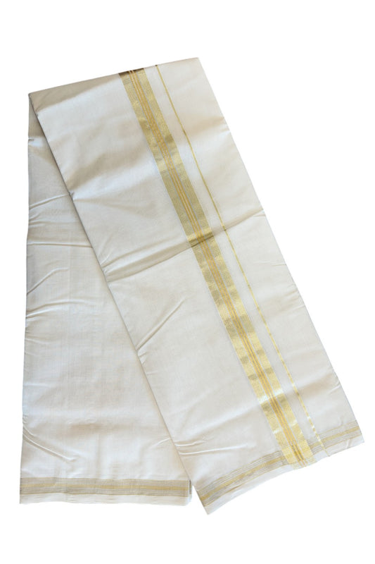 30% DISCOUNT ! KaithariKada HANDLOOM Millpaav Balaramapuram - 100% PURE Cotton Off White - (Unbleached) Double Mundu/Dhoti - 2.25 inch Gold Kasavu & Silver Kasavu Striped Kara - 19KK5105RAM