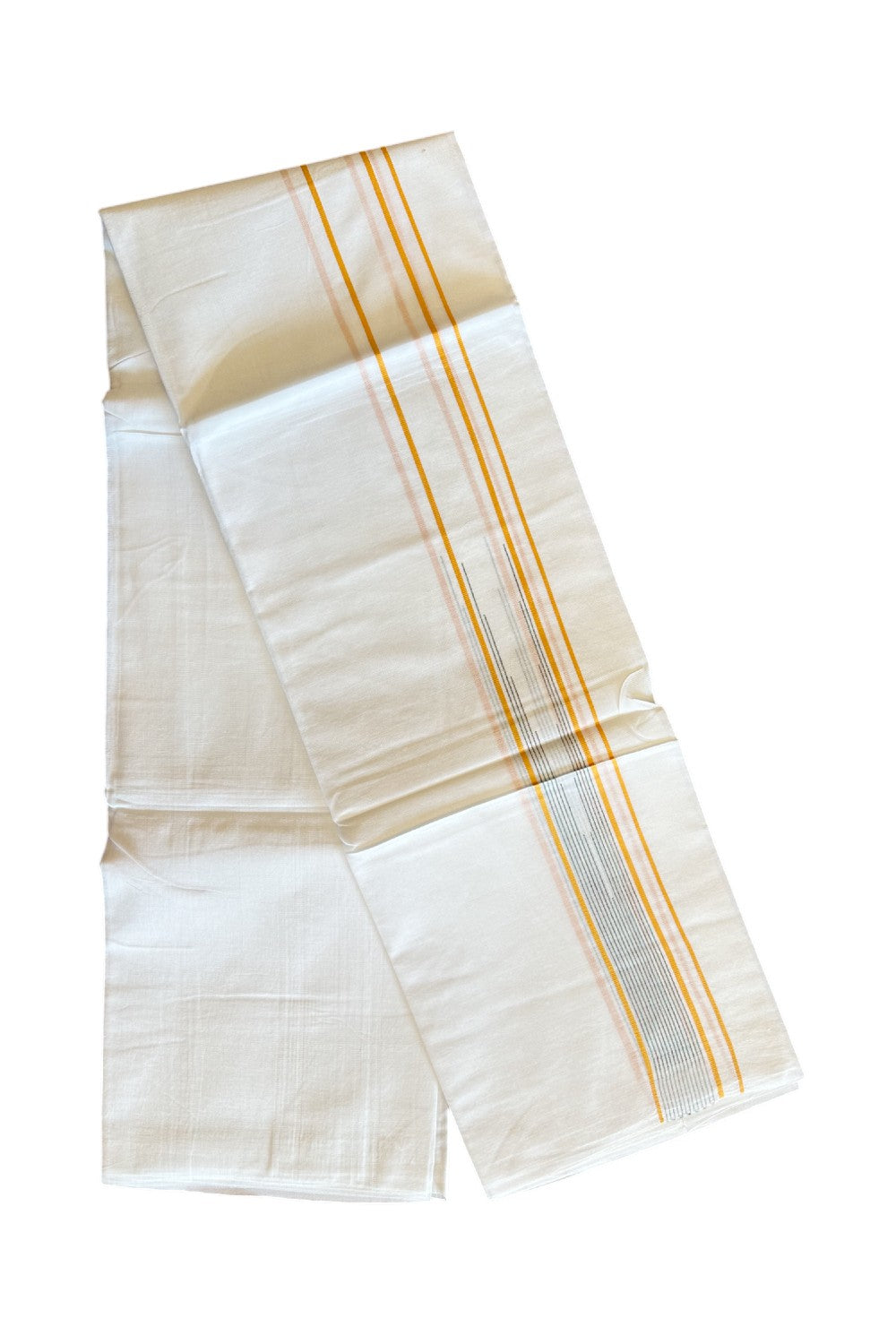 20% DISCOUNT!! KaithariKada Balaramapuram 100% Cotton PURE WHITE Double Mundu/Dhoti - 100x80 - 1.5 inch Yellow & Multicolour striped Chutty kara - 19KK5109THI