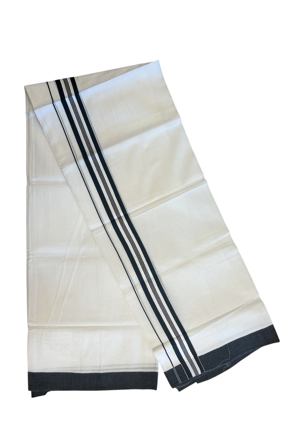 20% DISCOUNT! KaithariKada Balaramapuram 100% Cotton Double PURE white Mundu/Dhoti - 100x80 - 1.5 Inch Black Striped Kara - 19KK5135GAN