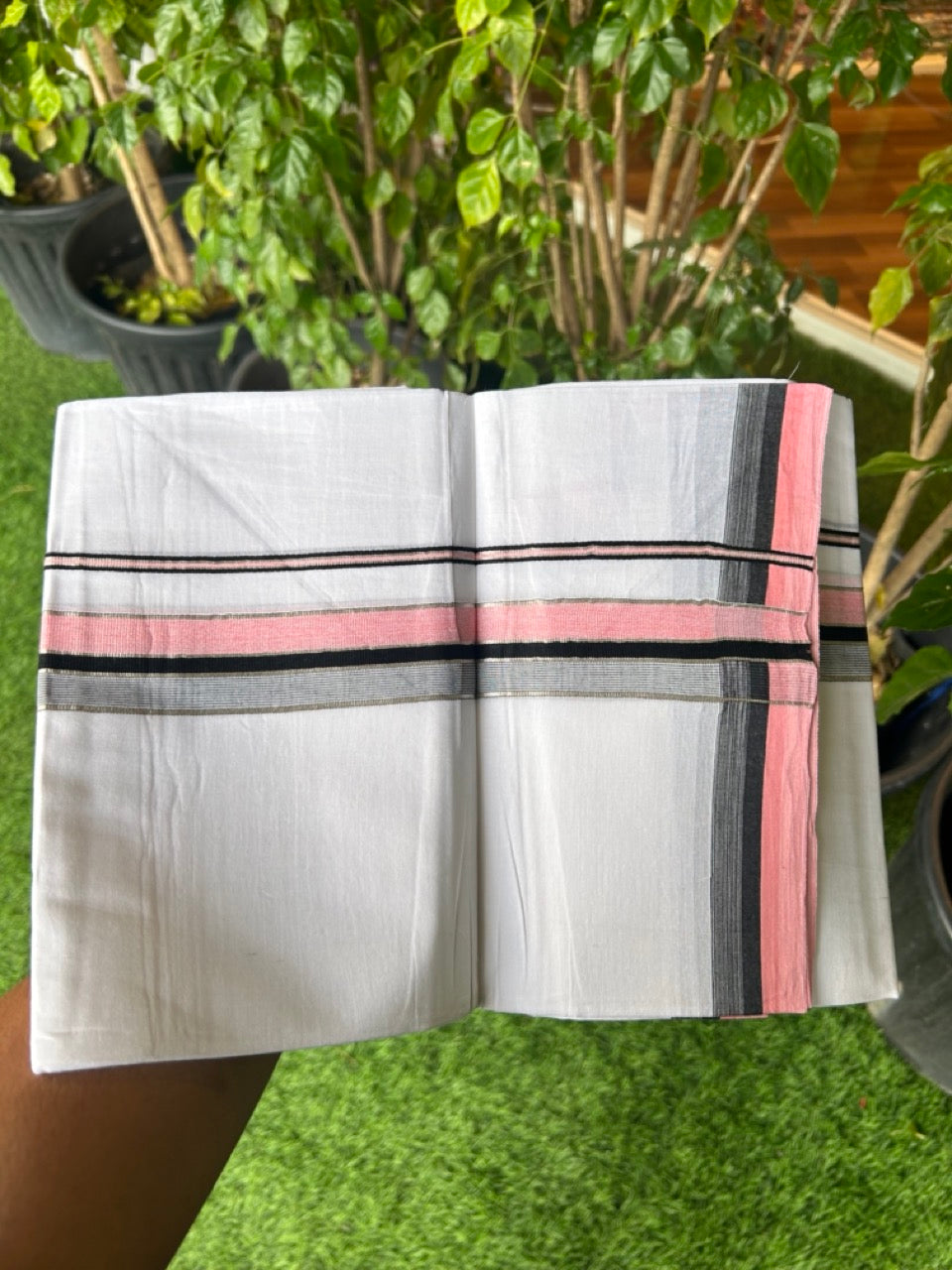 19% Discount !! KaithariKada Balaramapuram Double PURE WHITE Mundu/Dhoti- 100x80 - 1.75 inch Pink Black Kara Silver Striped kara - 19KK5143PMC