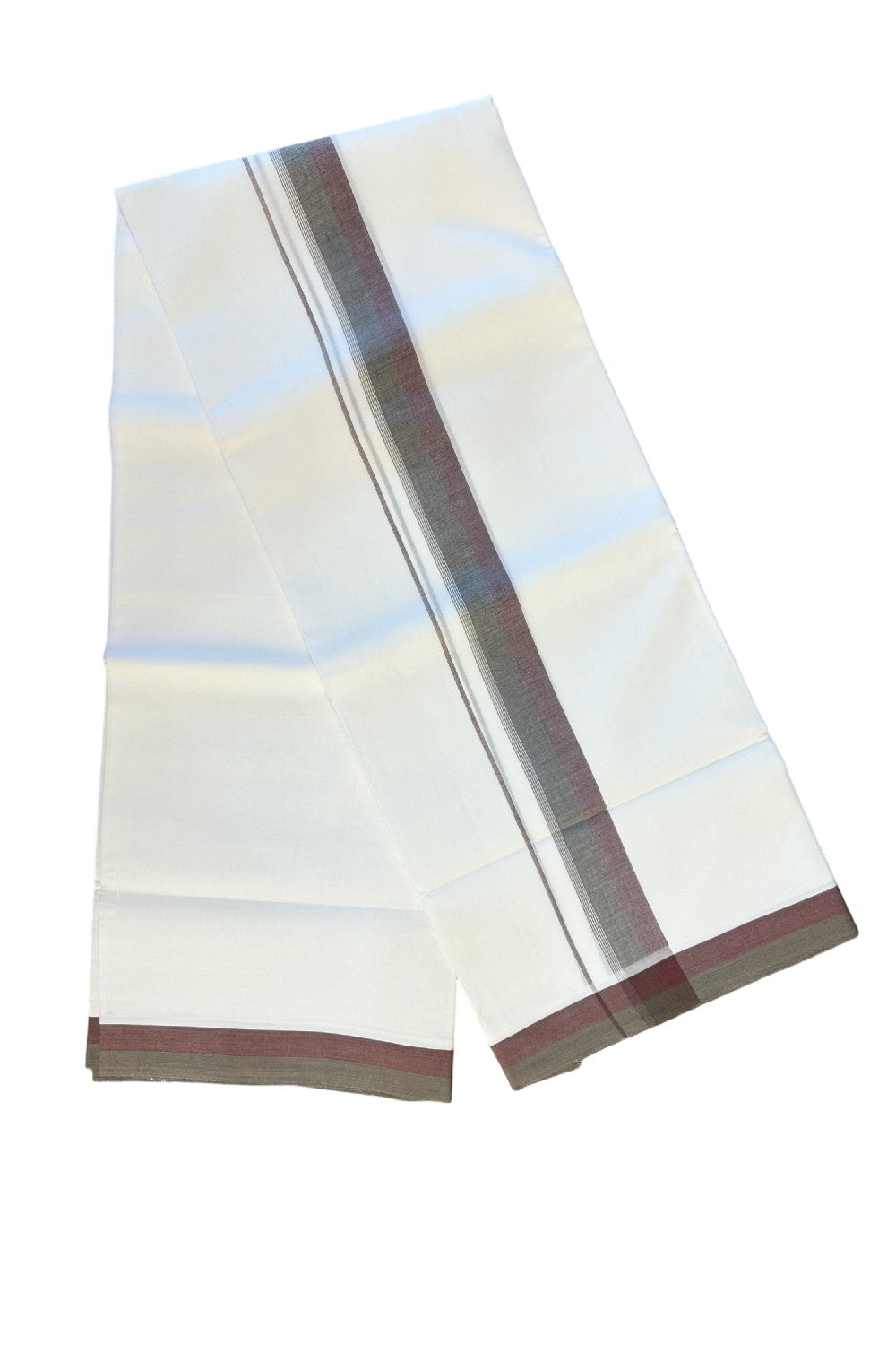 24% DISCOUNT!! Kaitharikada Balaramapuram 100% Cotton Ultra WHITE Double Mundu./Dothi-100x80  2.25 Inch Dark Sage green & Maroon Striped  Cotton Kara -19KK62ASH