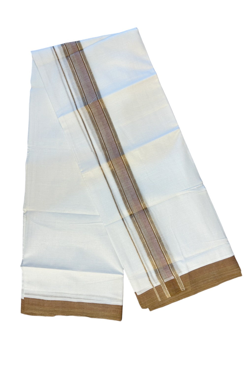 21% DISCOUNT!! Kaitharikada Balaramapuram 100% Cotton Ultra WHITE Double Mundu/Dothi-100x80   2.5 Inch BROWN & SILVER STRIPED Cotton Kara -19KK63VIN