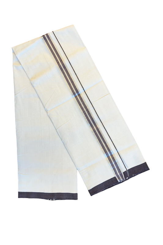 21% DISCOUNT! KaithariKada BALARAMAPURAM HANDLOOM UNAKKUPAAV - 100% PURE Cotton Off white (Unbleached) Double Mundu/Dhoti - Coffee brown silver stripes kara - 19KK72RAM