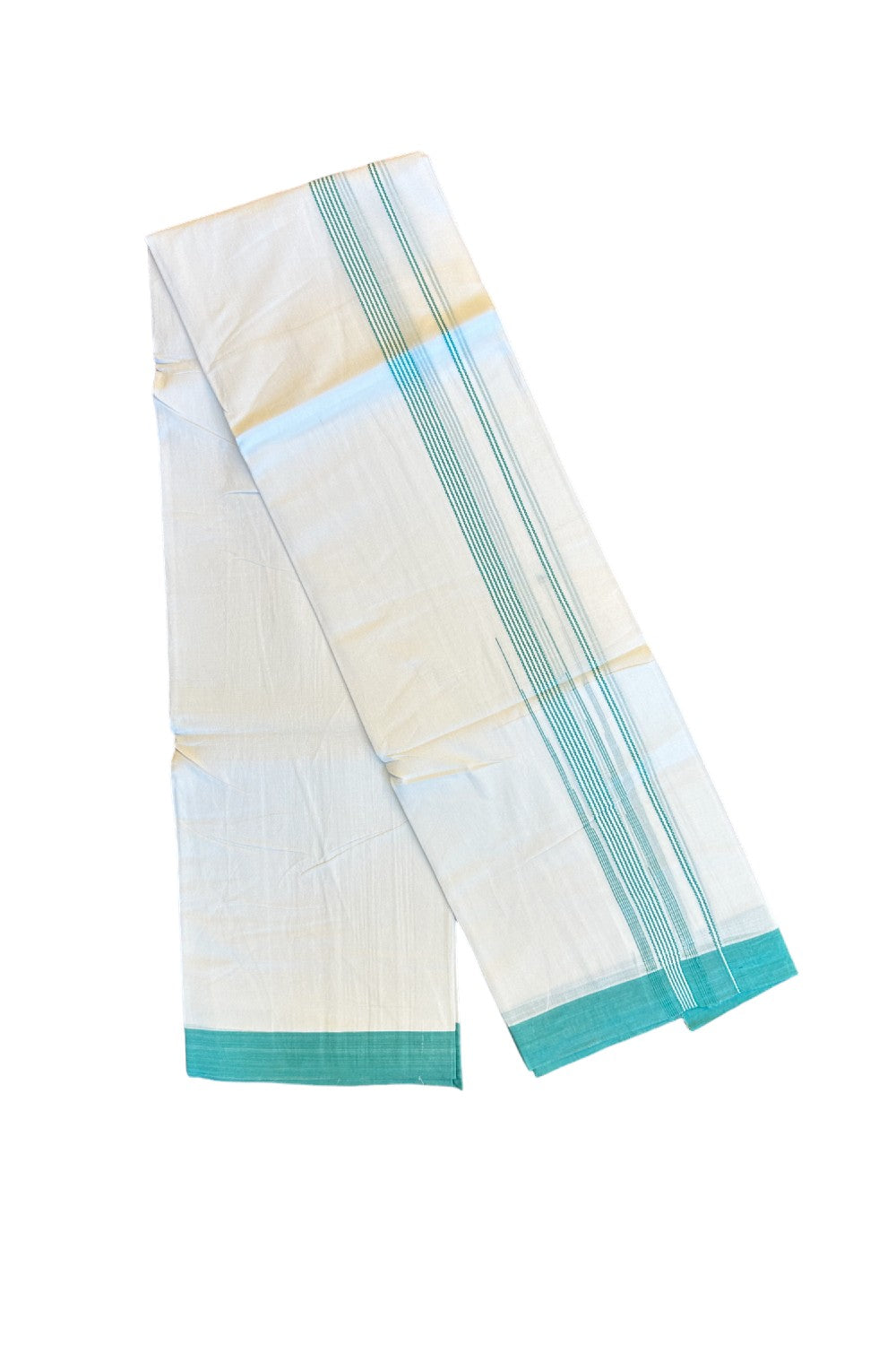 22% DISCOUNT!! Kaitharikada Balaramapuram 100% Cotton Ultra WHITE Double Mundu/Dothi-100x100  2 Inch TURQUOISE BLUE Striped Cotton Kara 3.80m- 19KK74RAM