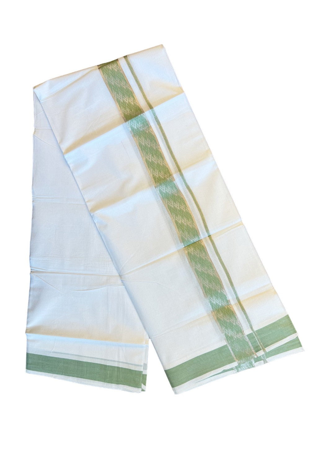 20% DISCOUNT! KaithariKada Balaramapuram 100% Cotton Double PURE white Mundu/Dhoti-100x100   2.25 Inch Silver kasavu parrot green pattern Kara  - 19KK79PMC