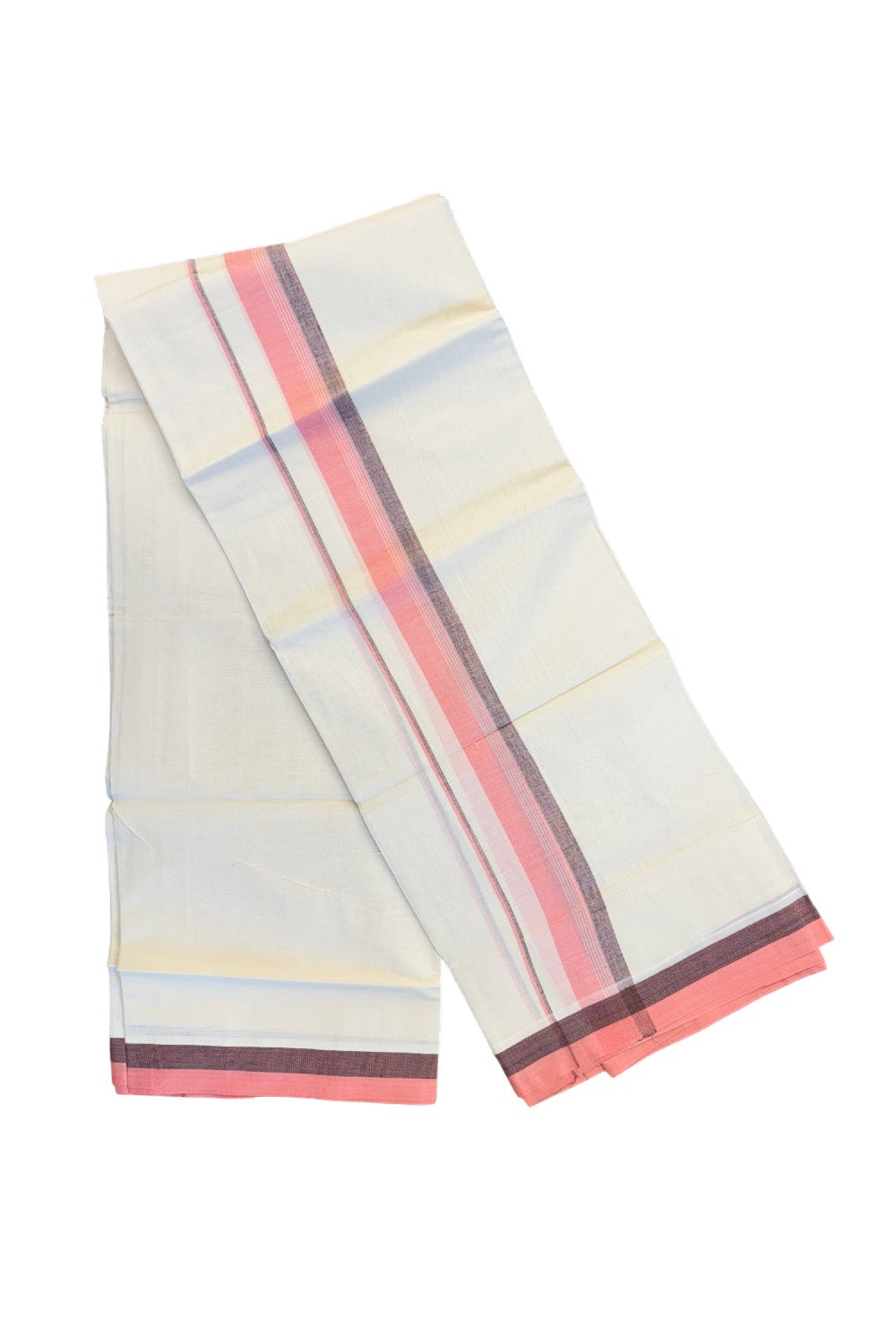 19% DISCOUNT ! KaithariKada Balaramapuram 100%  Cotton Double  Mundu/Dhoti - 100X100  Pink & purple shaded kara with  centre stripes - 19KK81VIN