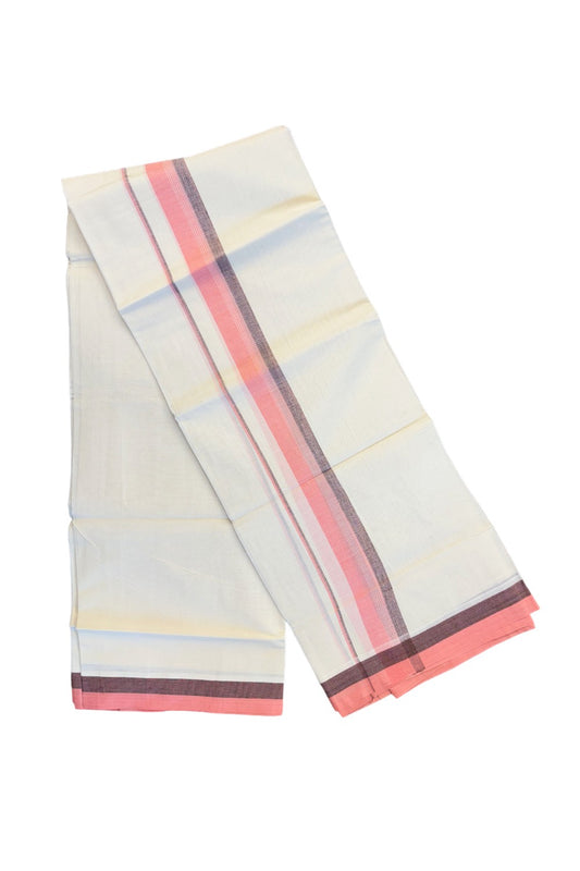 19% DISCOUNT ! KaithariKada Balaramapuram 100%  Cotton Double - (Unbleached) Mundu/Dhoti - 100X100  Pink & purple shaded kara with  centre stripes - 19KK81VIN