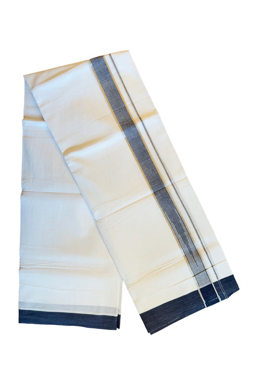 21% DISCOUNT!! Kaitharikada Balaramapuram 100% Cotton PURE WHITE Double Mundu/Dothi-100x92 Puliyilakkara CHUTTY  2 Inch SILVER & NAVY BLUE WHITE STRIPED Cotton Kara - 19KK84CEE