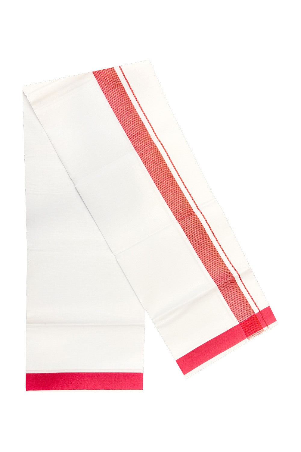 15% OFFER!! KaithariKada 100% Cotton PURE WHITE SINGLE Mundu/Dhoti-40X40 Pink+Red Kasavu Zazri 1.75inch  Kara- 19sar