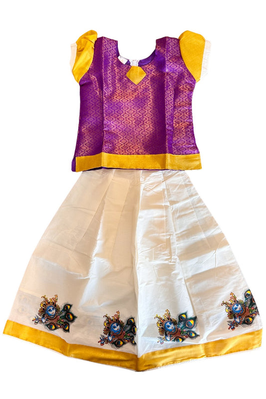 Midukki-Traditional South Indian Kids Pattu Pavada- Violet brocade top offwhite skirt with kasavu krishna print- Age 7 - KK7MID0019