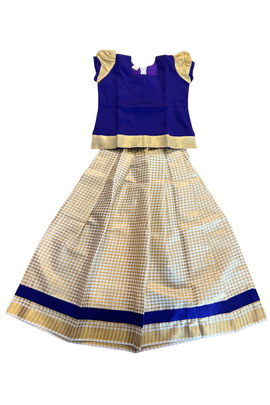 Midukki-Traditional South Indian Kids Pattu Pavada- Violet top offwhite check skirt with kasavu- Age 10 - KK10MID0019