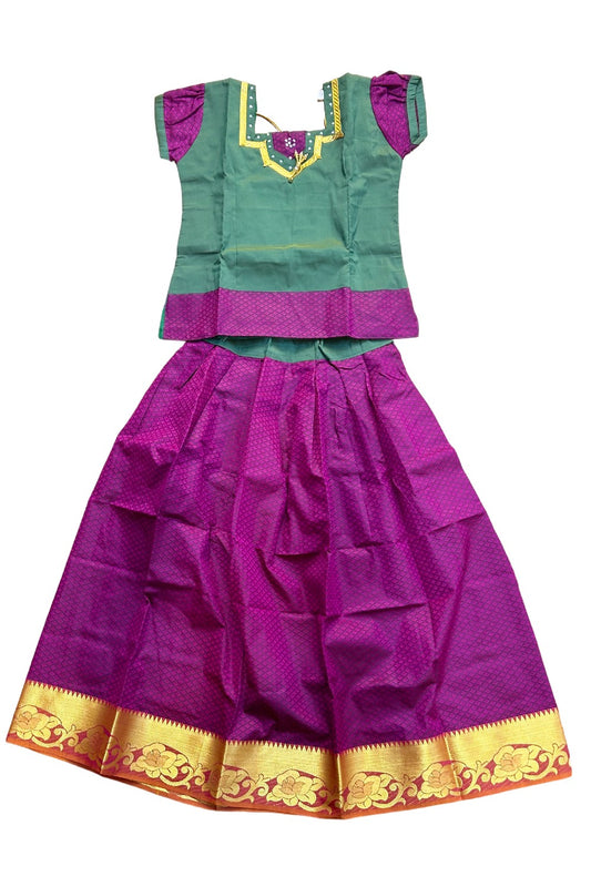 Midukki-Traditional South Indian Kids Pattu Pavada- Green top magenta skirt with emboss work- Age 11 - KK11MID0019