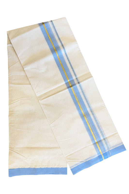 15% DISCOUNT! KaithariKada HANDLOOM Millpaav Balaramapuram - 100% PURE Cotton Off White (Unbleached) -  Double Mundu/Dhoti - 2.25 inch  Gold Kasavu & Blue Kara- 13