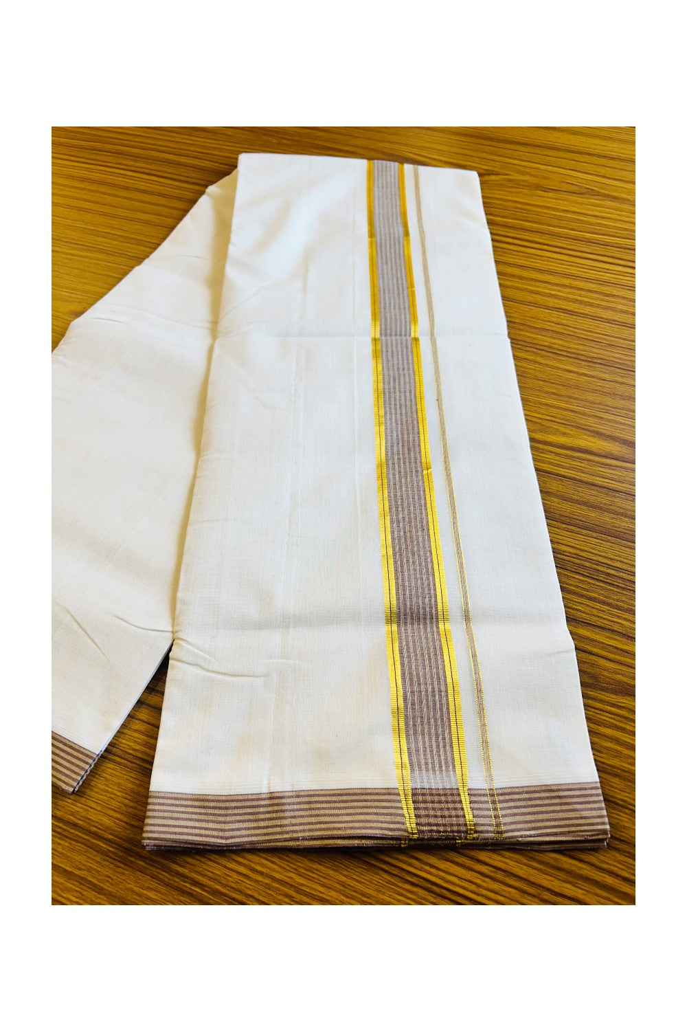 21% DISCOUNT! KaithariKada HANDLOOM UNAKKUPAAV Balaramapuram - 100% PURE Cotton Off White -  Double Mundu/Dhoti - Gold Kasavu & Brown Kara- 19KK403RAM