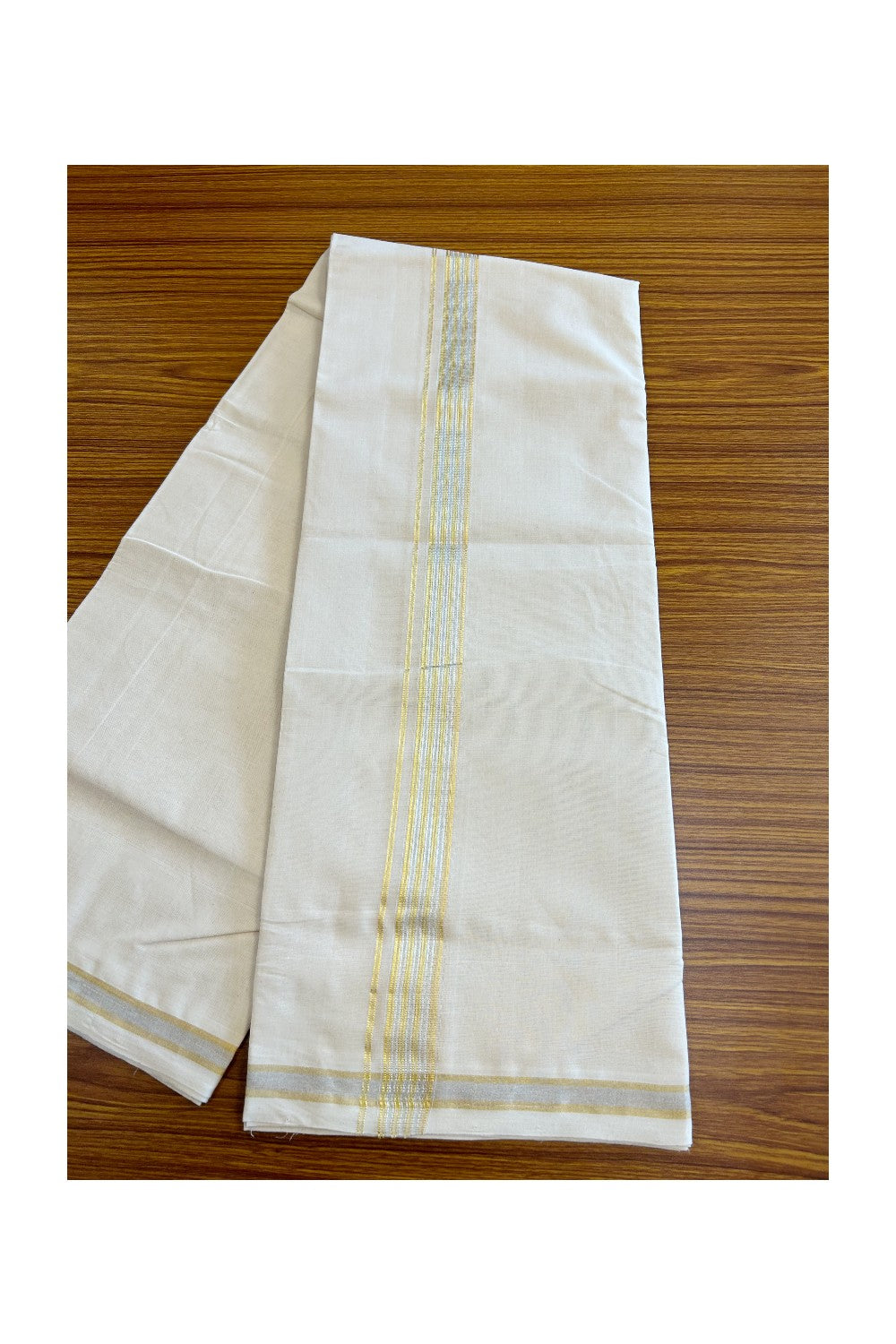 8% DISCOUNT ! KaithariKada HANDLOOM Millpaav Balaramapuram - 100% PURE Cotton Off White - (Unbleached) Double Mundu/Dhoti - 1.5 inch Silver & Gold KASAVU Stripes Kara - 19KK5029RAM