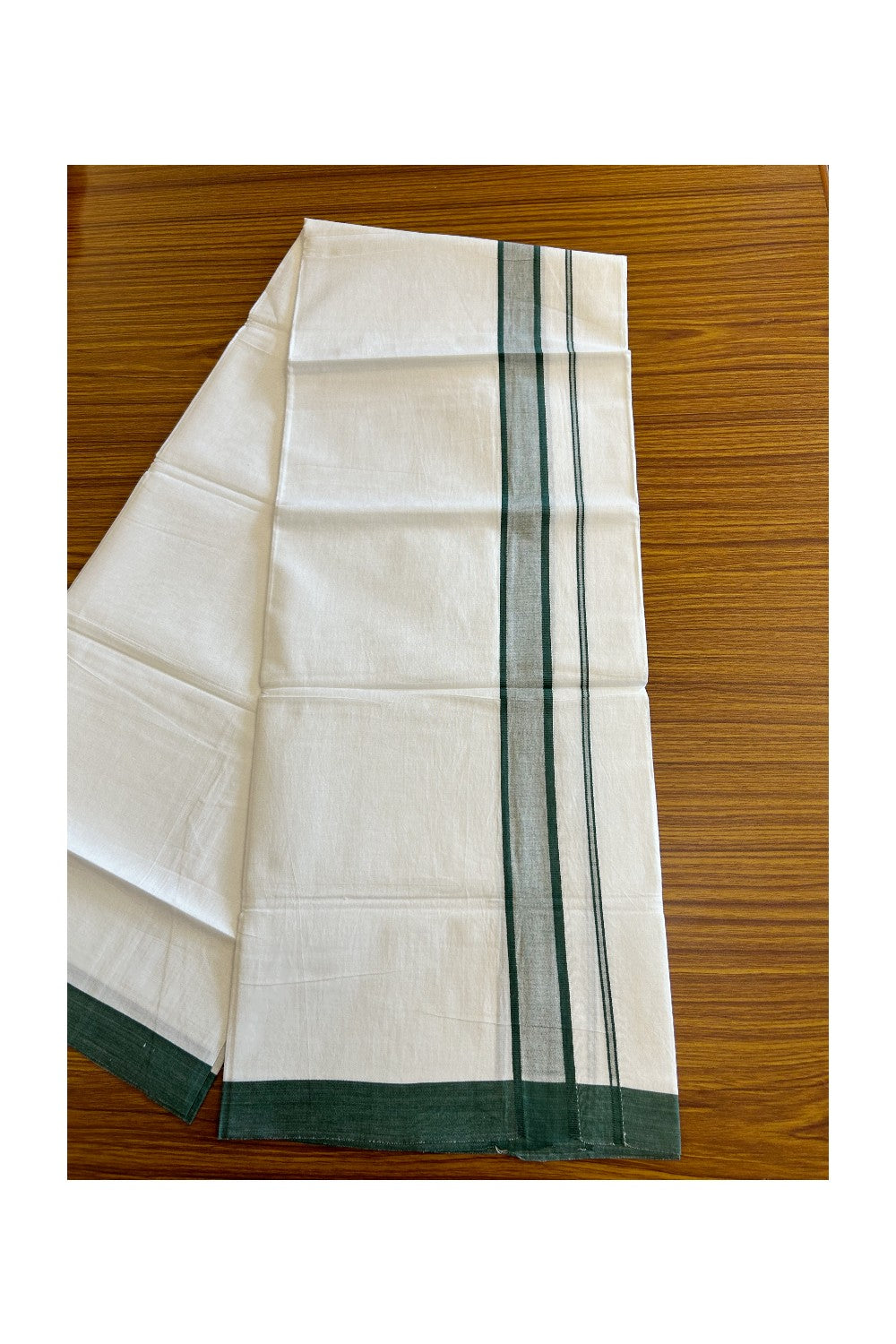 8% Discount ! Kaitharikada Balaramapuram 100% Cotton PURE WHITE SINGLE Mundu/Dothi- 2.25 inch Dark Green Kara - 19KK5032GAN