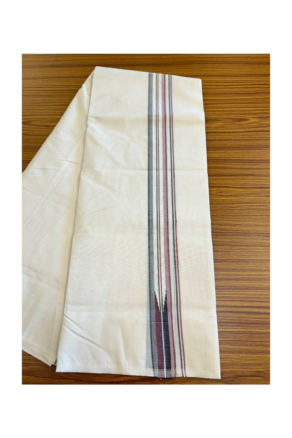 18% Discount !! KaithariKada Balaramapuram Double Off white - (Unbleached) Mundu/Dhoti - 100X100 - 1.5 inch Puliyilakkara Maroon & Black Striped Chutty Kara - 19KK5045ASH