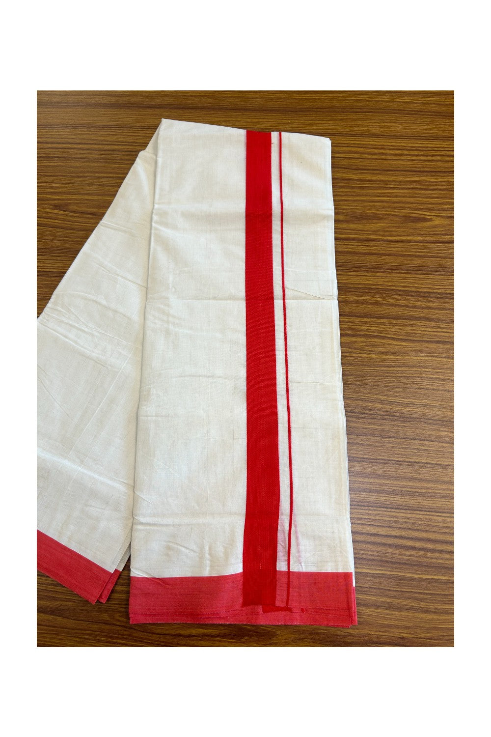 15% Discount KaithariKada Balaramapuram 100% Cotton Double Off white - (Unbleached) - Mundu/Dhoti-100x100 - 2 inch Bright Red Kara - 6