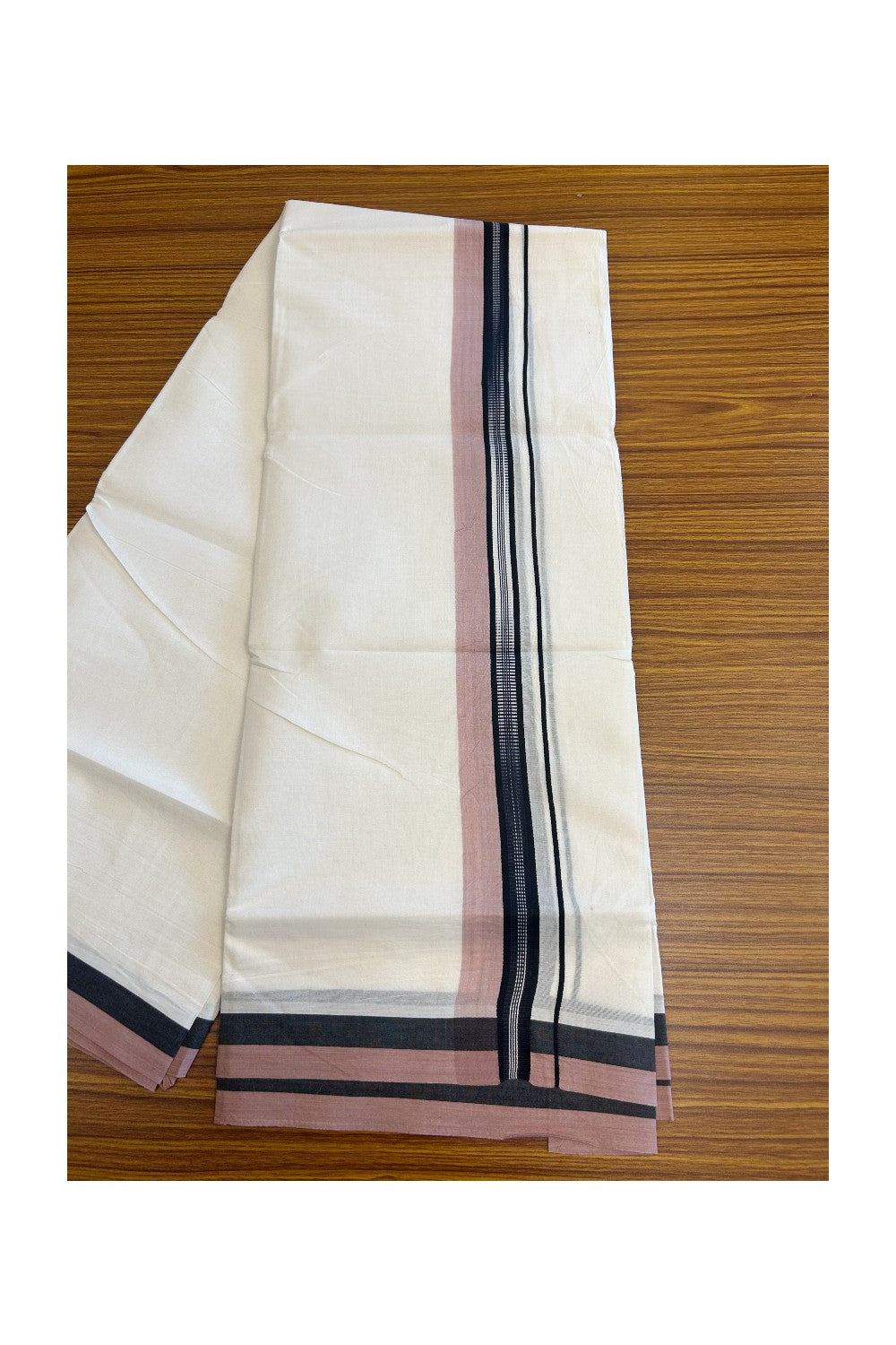 19% Discount!!! KaithariKada Balaramapuram  Double Off white - (Unbleached) Mundu/Dhoti - 80X90 - 2.25 inch Black & Dusty Rose Pattern Kara 3.85 meters - 19KK5058GUN