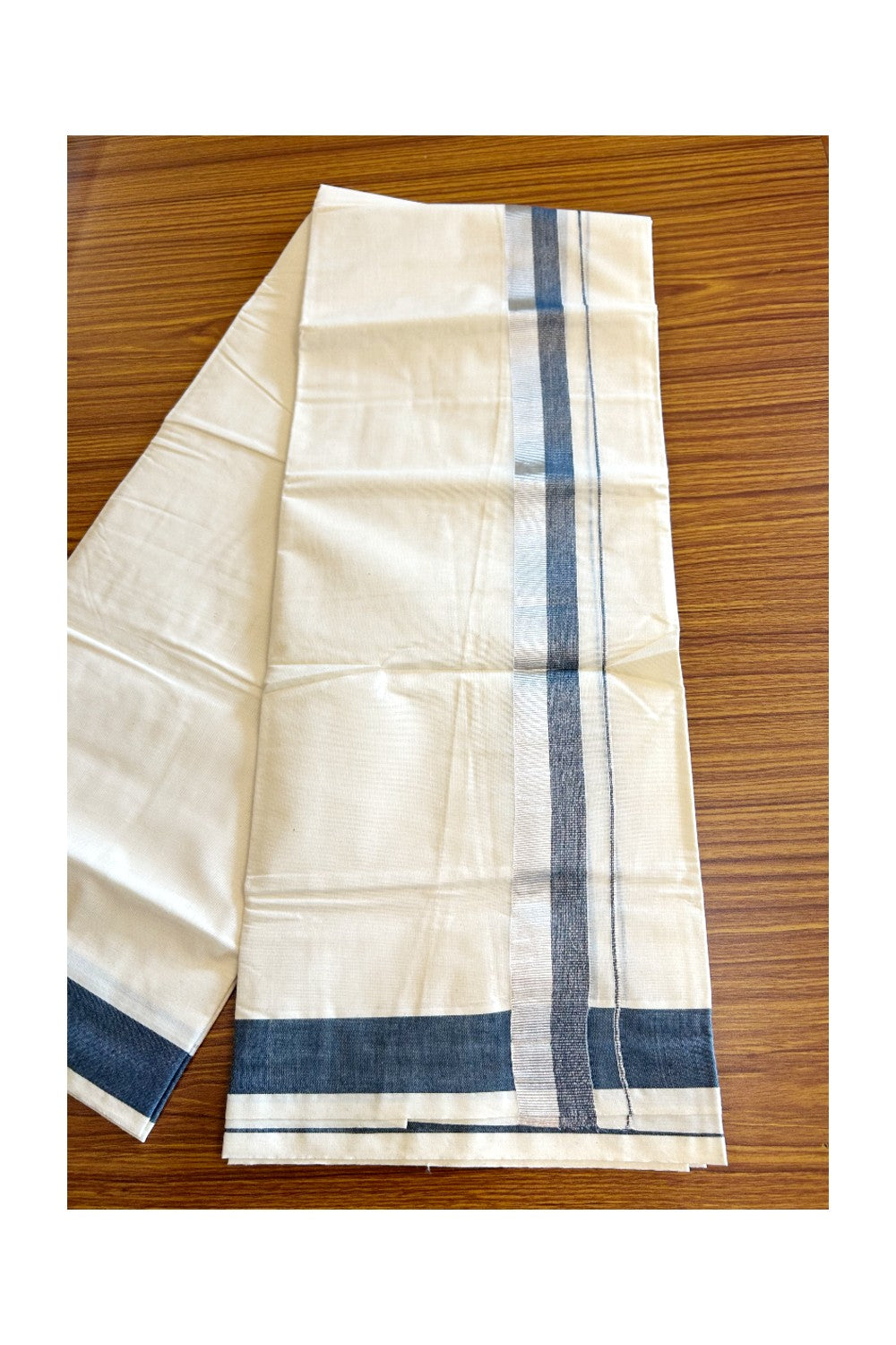 10% DISCOUNT ! KaithariKada Balaramapuram 100%  Cotton Double Off white - (Unbleached) Mundu/Dhoti-100X100- 2.25 inch Dusty Blue & SILVER Kara- 19KK5063KK