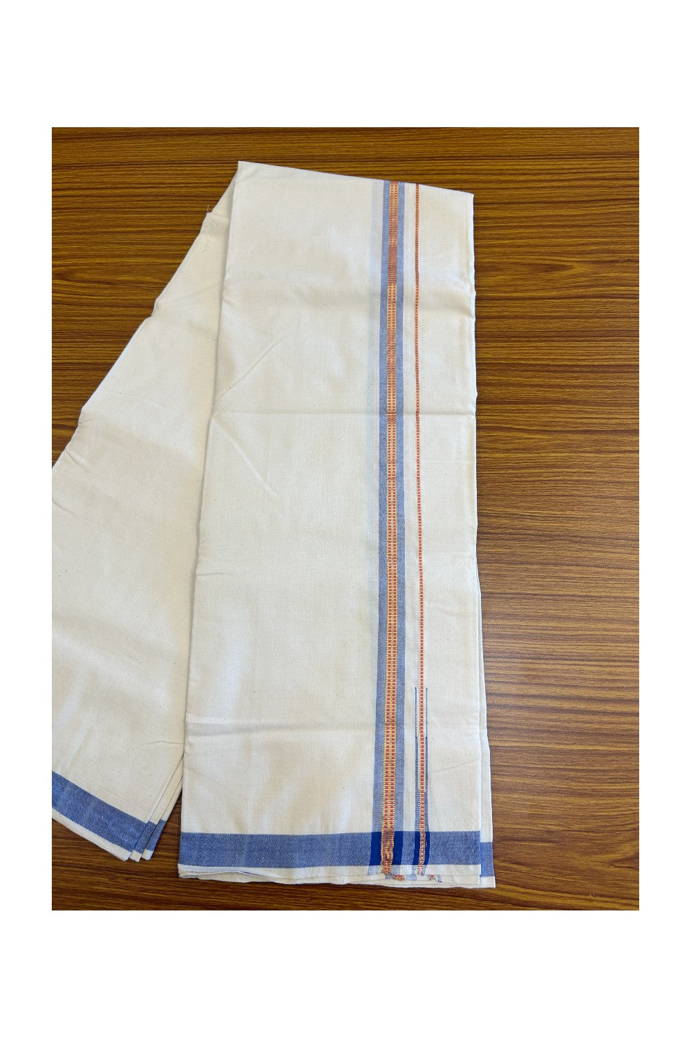 32% Discount ! KaithariKada 100% Cotton Balaramapuram HANDLOOM Single Mundu/Dhoti - Off White (Unbleached) 1.Inch Blue & Red Stripes Kasavu Puliyilakkara Chutty.