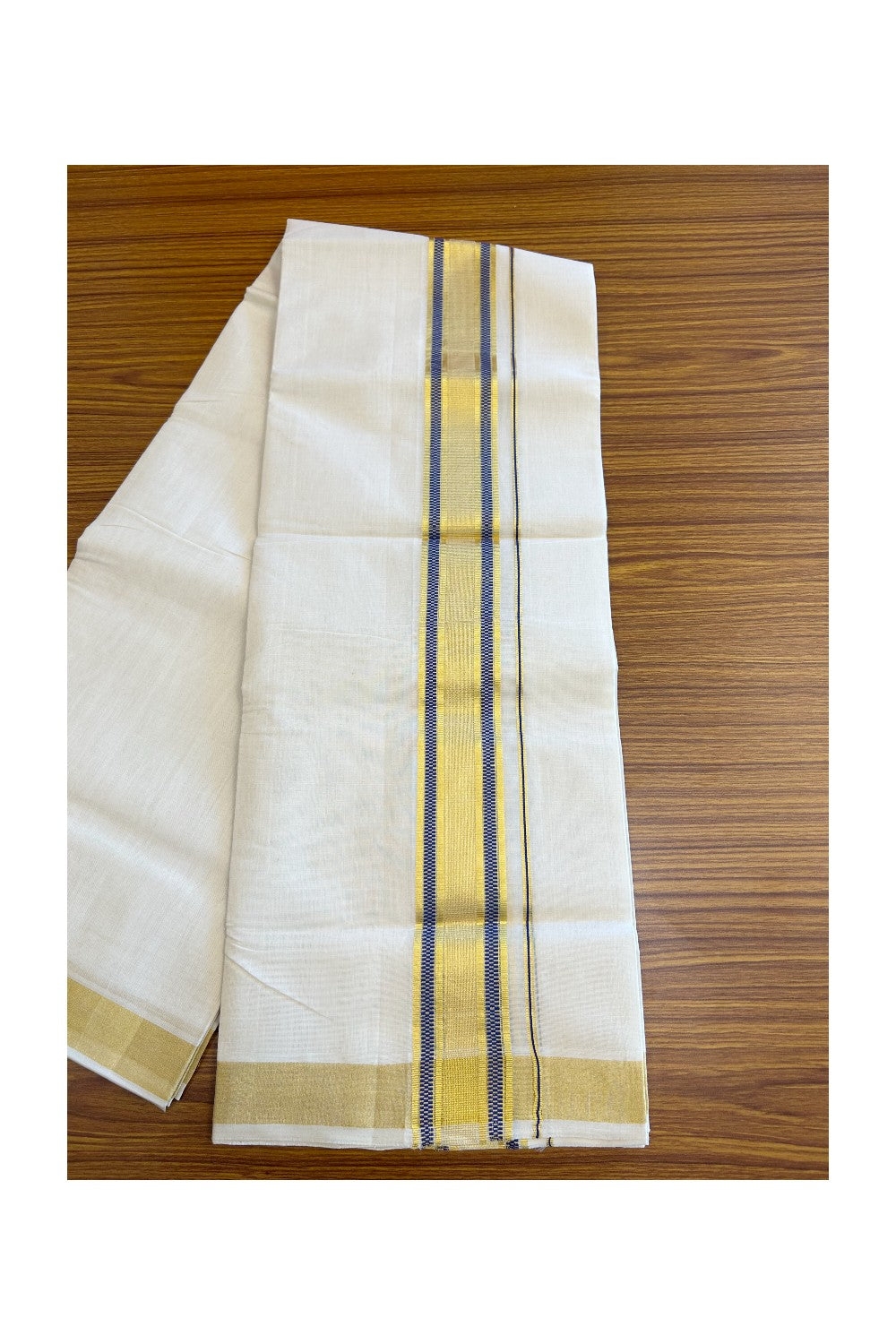 30% Discount!!! KaithariKada HANDLOOM UNAKKUPAAV Balaramapuram - 100% PURE Cotton off white (Unbleached) Double Mundu/Dhoti -100x 100 - 2.75 inch Kasavu & Blue design kara - 18KK5096YAR