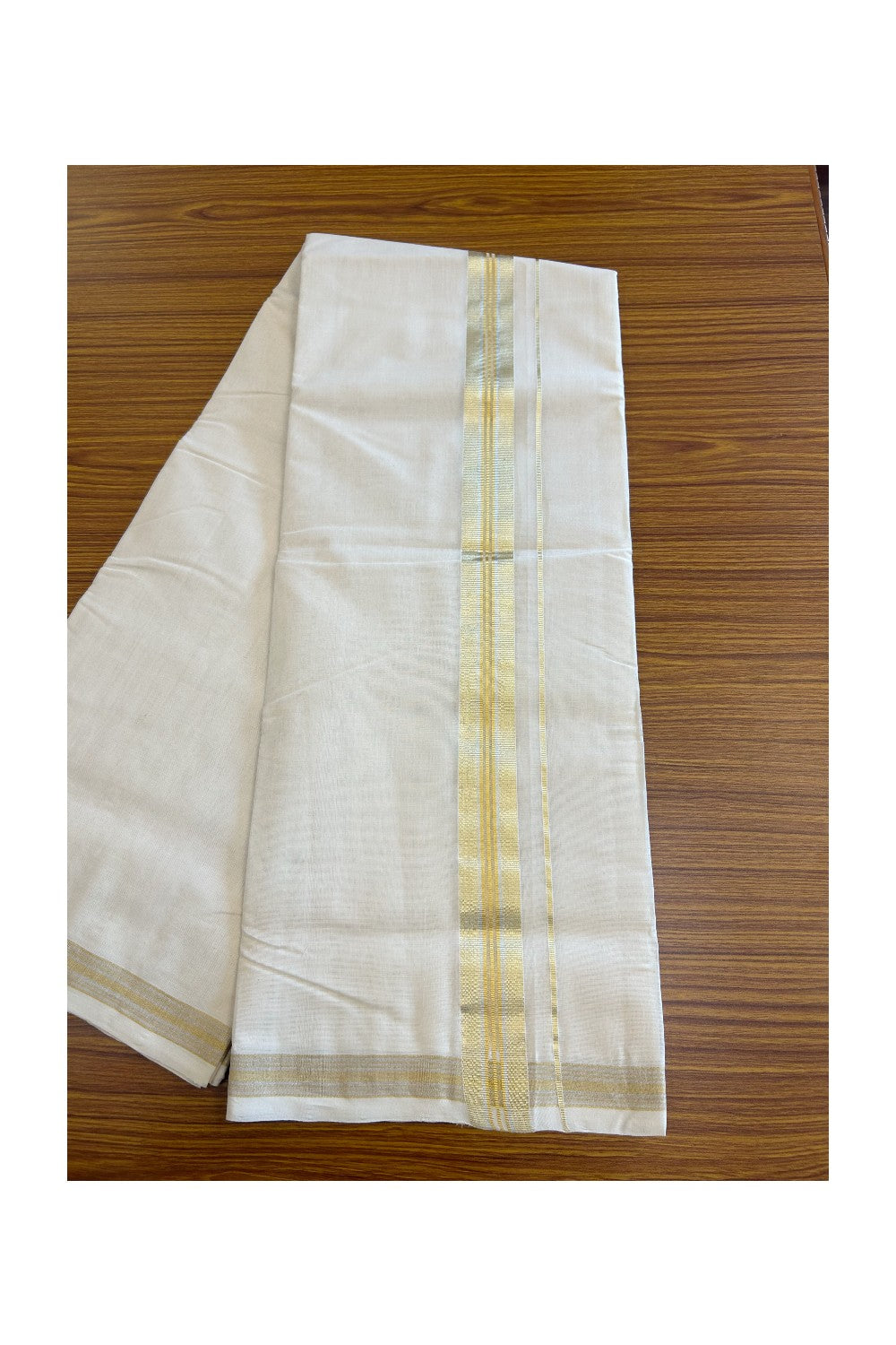 30% DISCOUNT ! KaithariKada HANDLOOM Millpaav Balaramapuram - 100% PURE Cotton Off White - (Unbleached) Double Mundu/Dhoti - 2.25 inch Gold Kasavu & Silver Kasavu Striped Kara - 19KK5105RAM