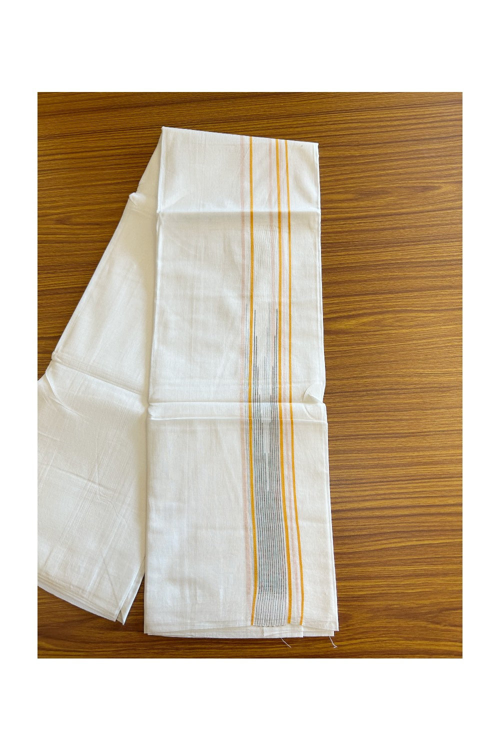 20% DISCOUNT!! KaithariKada Balaramapuram 100% Cotton PURE WHITE Double Mundu/Dhoti - 100x80 - 1.5 inch Yellow & Multicolour striped Chutty kara - 19KK5109THI