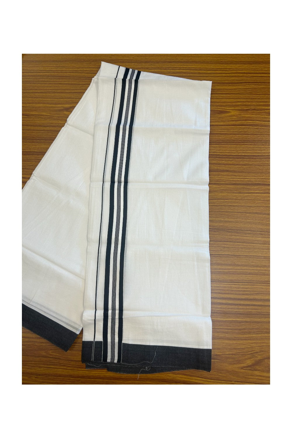 20% DISCOUNT! KaithariKada Balaramapuram 100% Cotton Double PURE white Mundu/Dhoti - 100x80 - 1.5 Inch Black Striped Kara - 19KK5135GAN