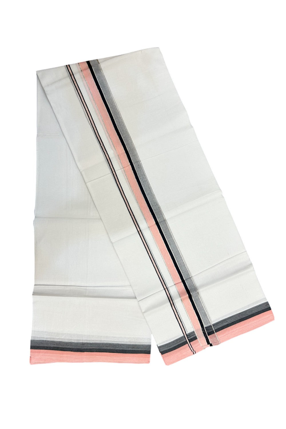 19% Discount !! KaithariKada Balaramapuram Double PURE WHITE Mundu/Dhoti- 100x80 - 1.75 inch Pink Black Kara Silver Striped kara - 19KK5143PMC