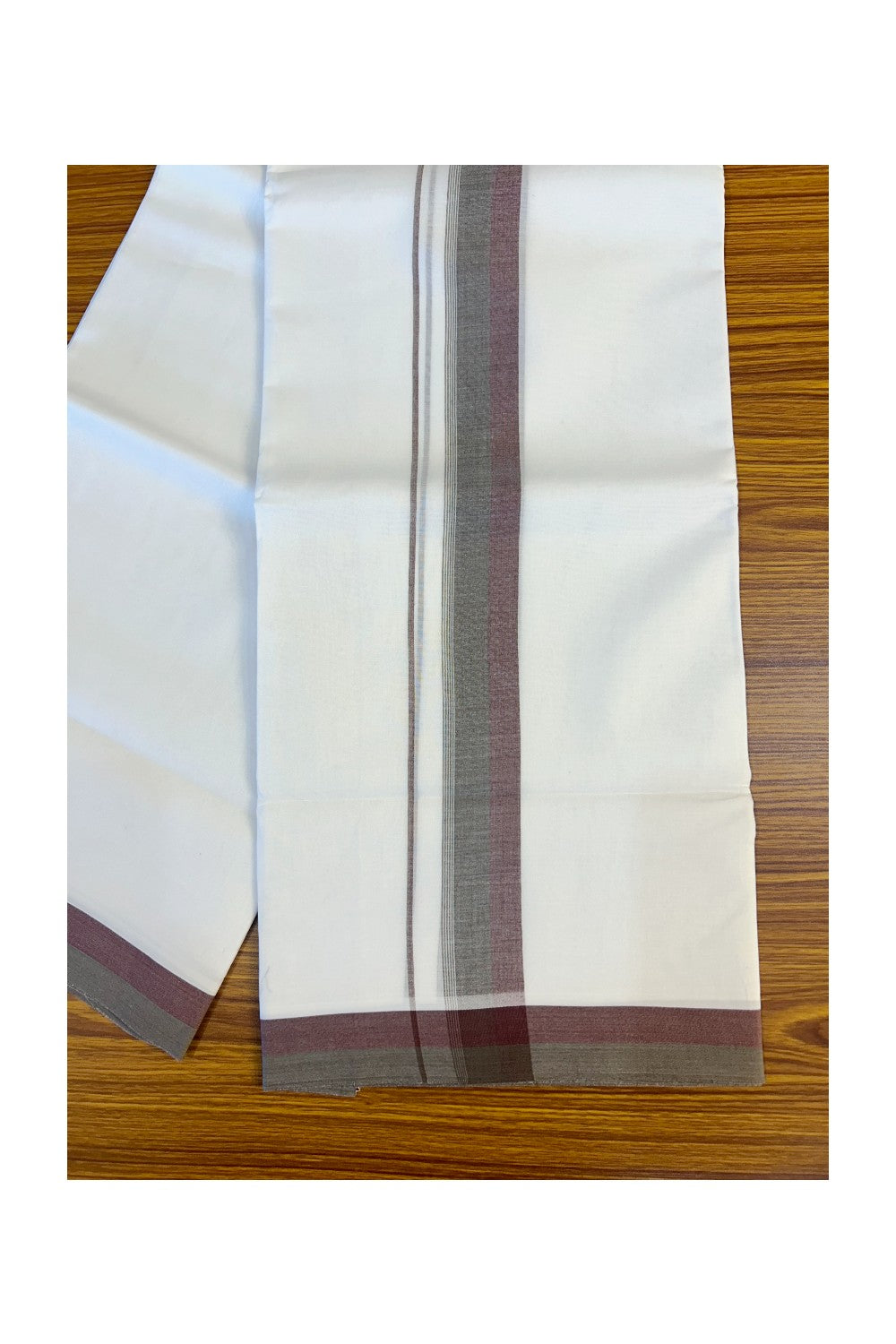 24% DISCOUNT!! Kaitharikada Balaramapuram 100% Cotton Ultra WHITE Double Mundu./Dothi-100x80  2.25 Inch Dark Sage green & Maroon Striped  Cotton Kara -19KK62ASH