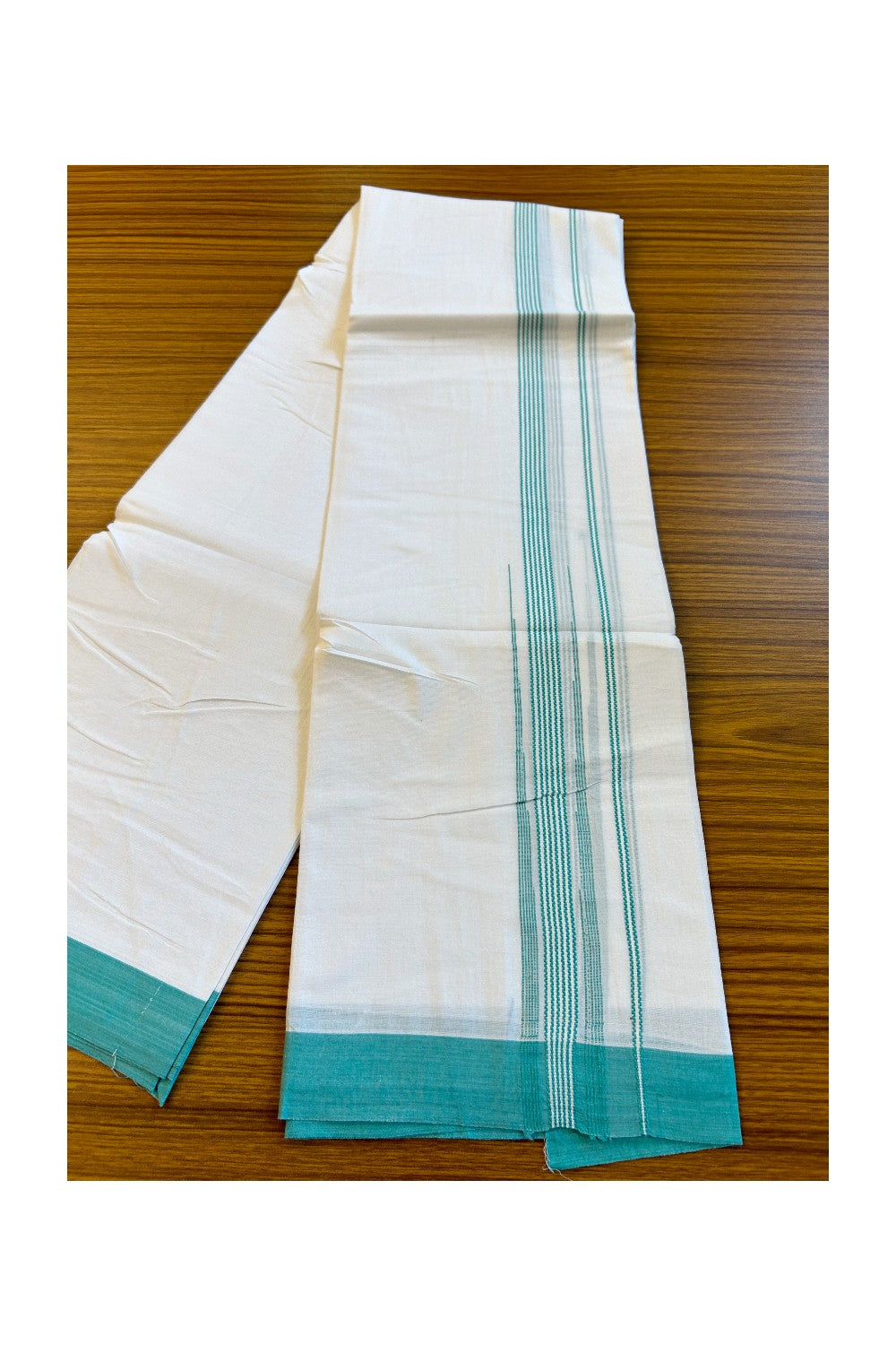 22% DISCOUNT!! Kaitharikada Balaramapuram 100% Cotton Ultra WHITE Double Mundu/Dothi-100x100  2 Inch TURQUOISE BLUE Striped Cotton Kara 3.80m- 19KK74RAM