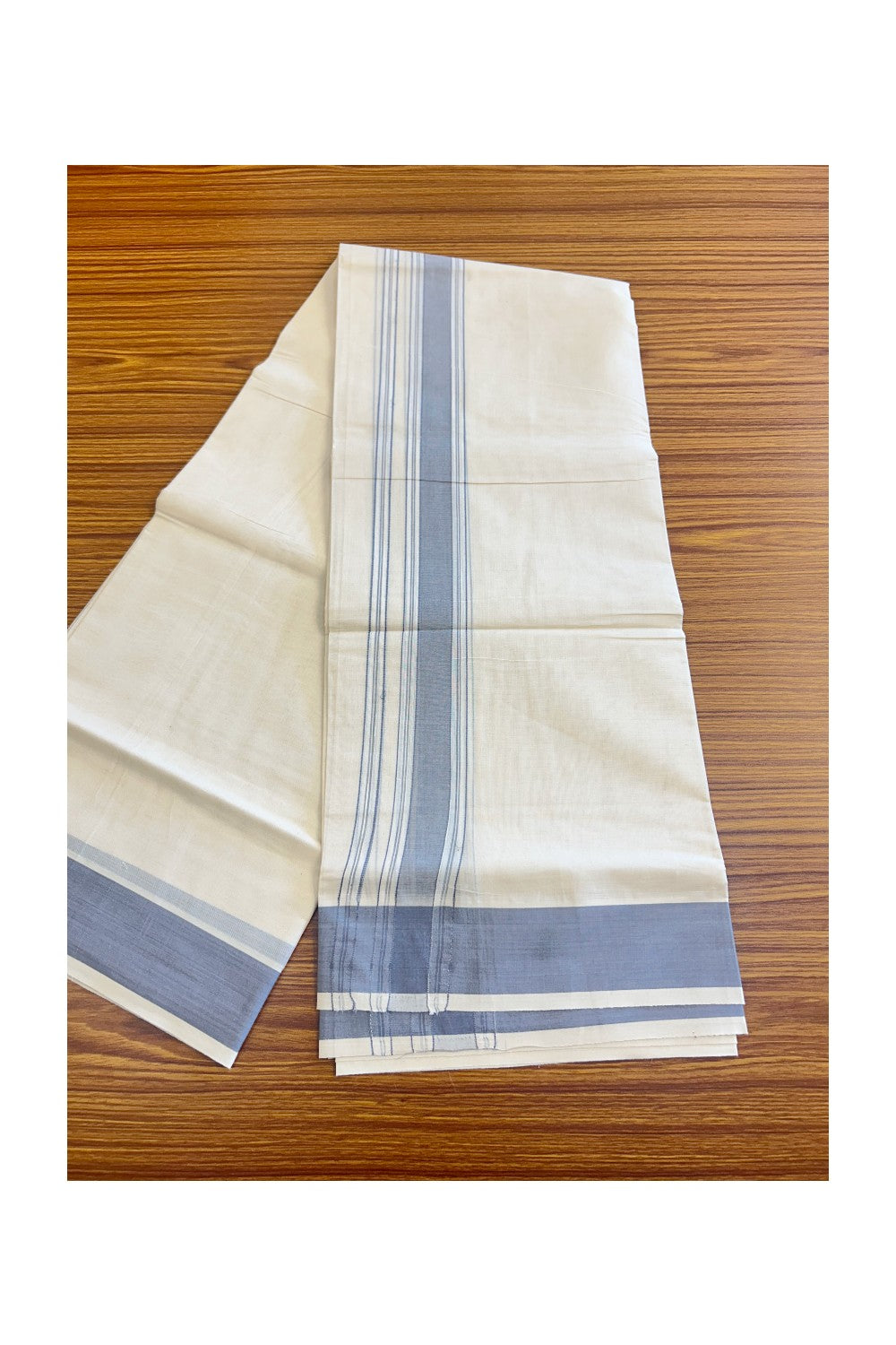 10% DISCOUNT! KaithariKada Balaramapuram 100% Cotton Double Off white Mundu/Dhoti-100x100 Ash gray Stripes Kara - 19KK78PMC